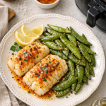 Air Fryer Cod Fillets with Paprika Butter and Roasted Snap Peas