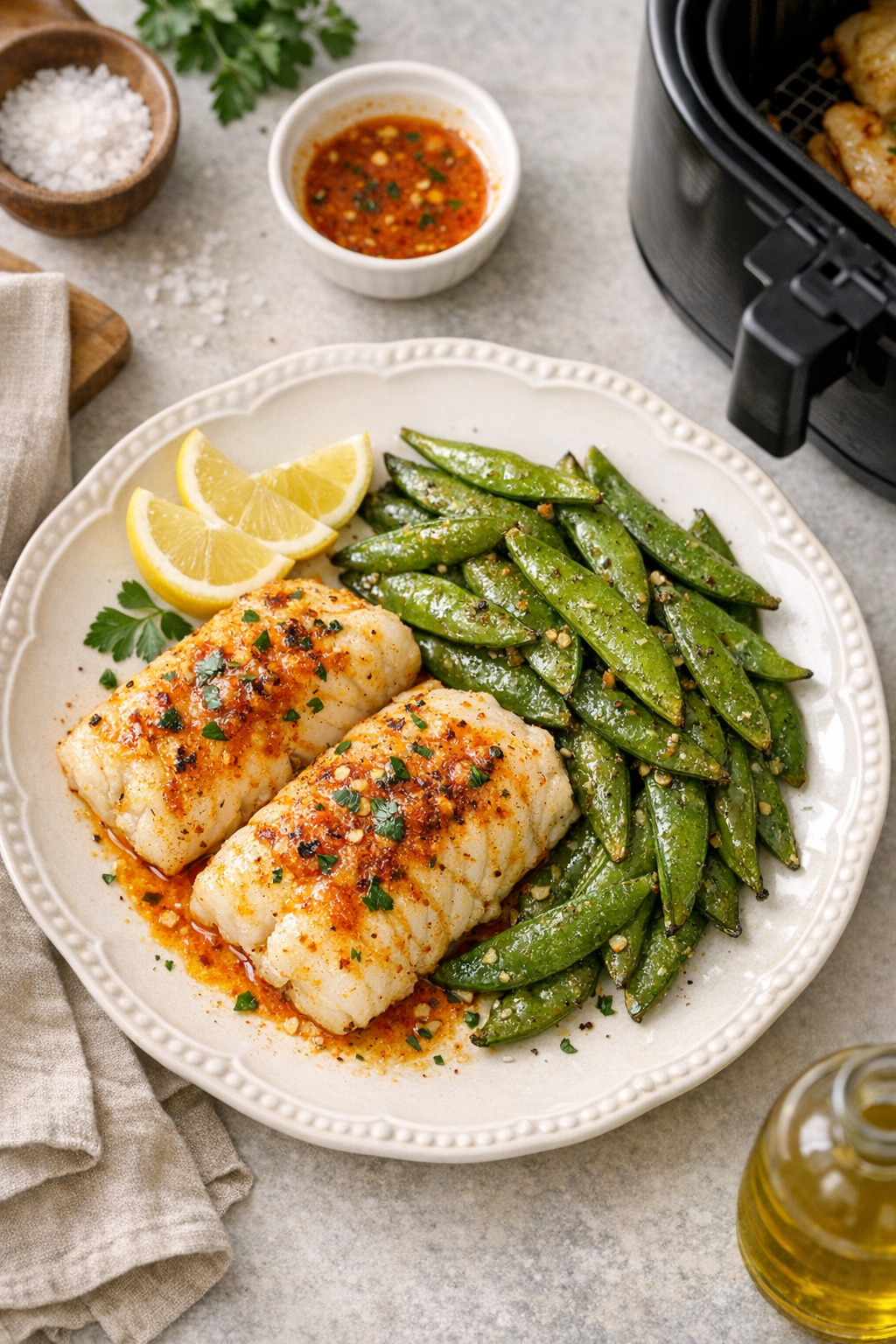 Air Fryer Cod Fillets with Paprika Butter & Snap Peas