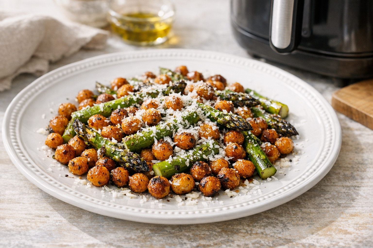 Air Fryer Crispy Chickpeas & Asparagus with Pecorino