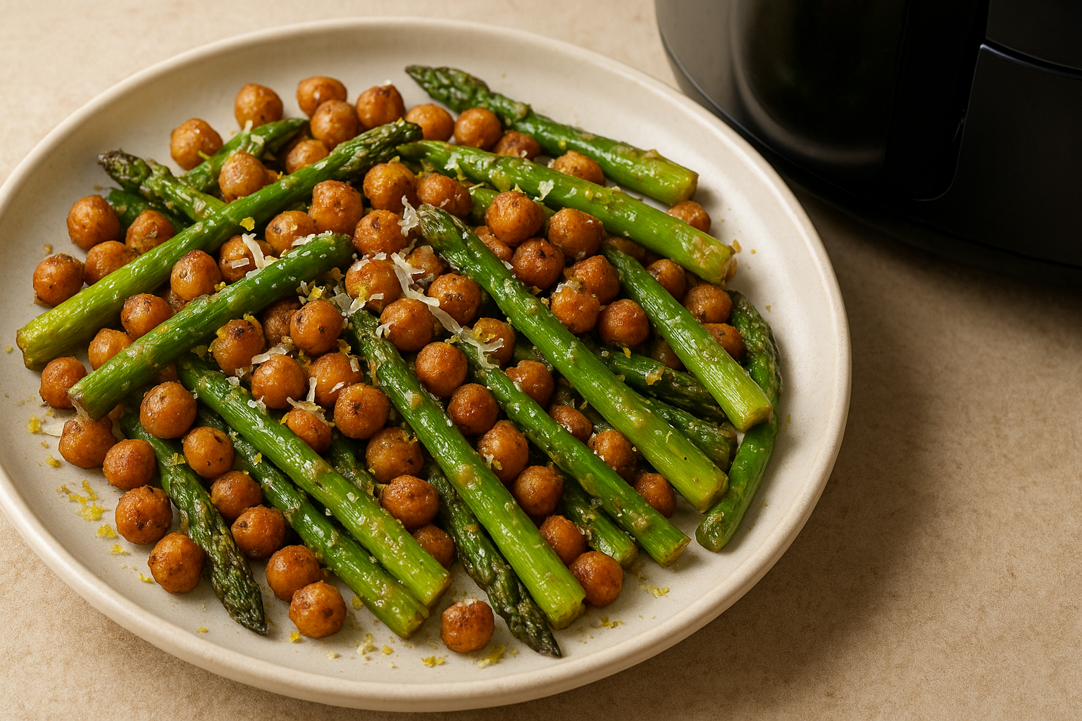 Air Fryer Crispy Chickpeas & Asparagus with Pecorino