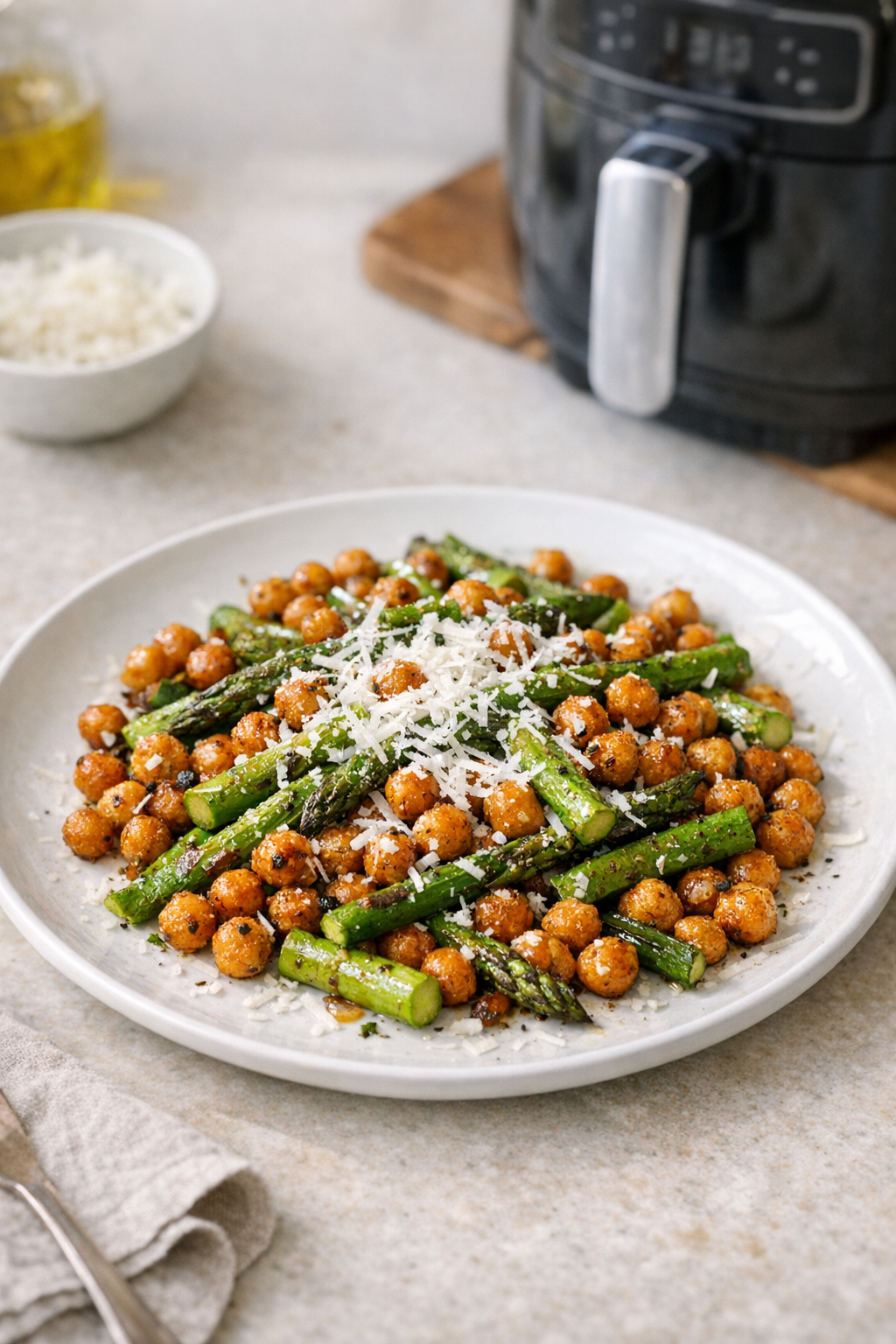 Air Fryer Crispy Chickpeas & Asparagus with Pecorino