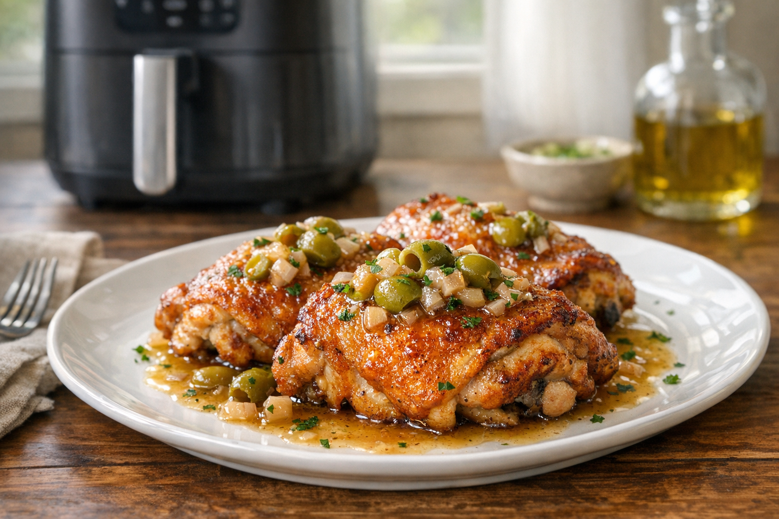 Air Fryer Chicken Thighs with Olive Shallot Sauce