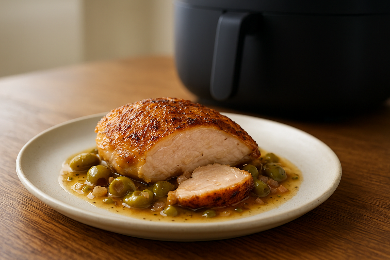 Air Fryer Chicken Thighs with Olive Shallot Sauce