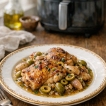 Air Fryer Chicken Thighs with Green Olive and Shallot Pan Sauce