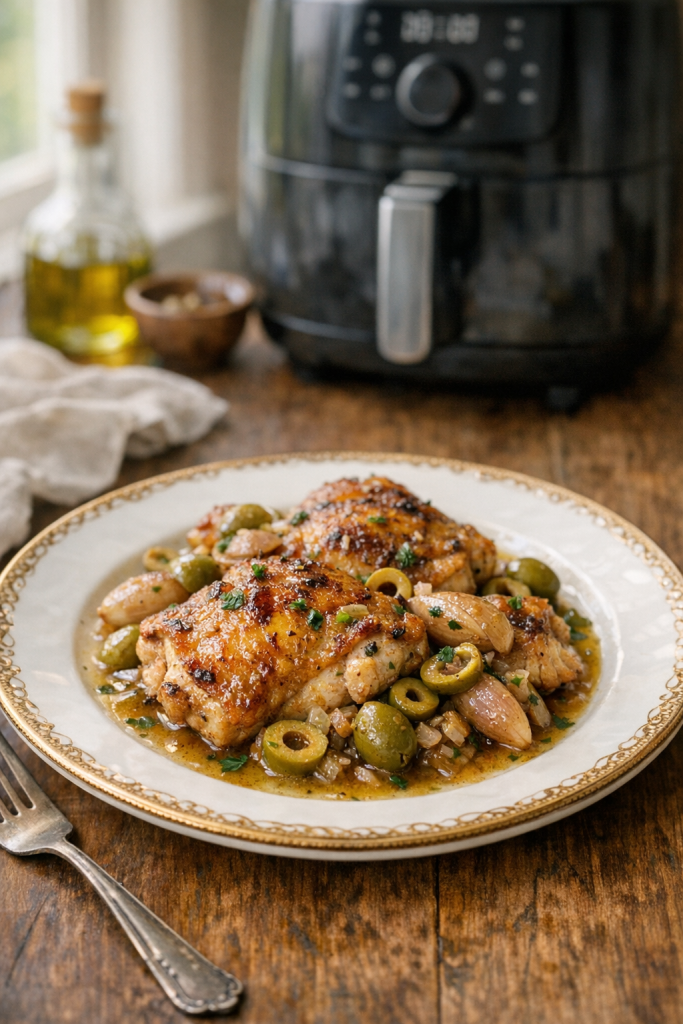 Air Fryer Chicken Thighs with Green Olive and Shallot Pan Sauce