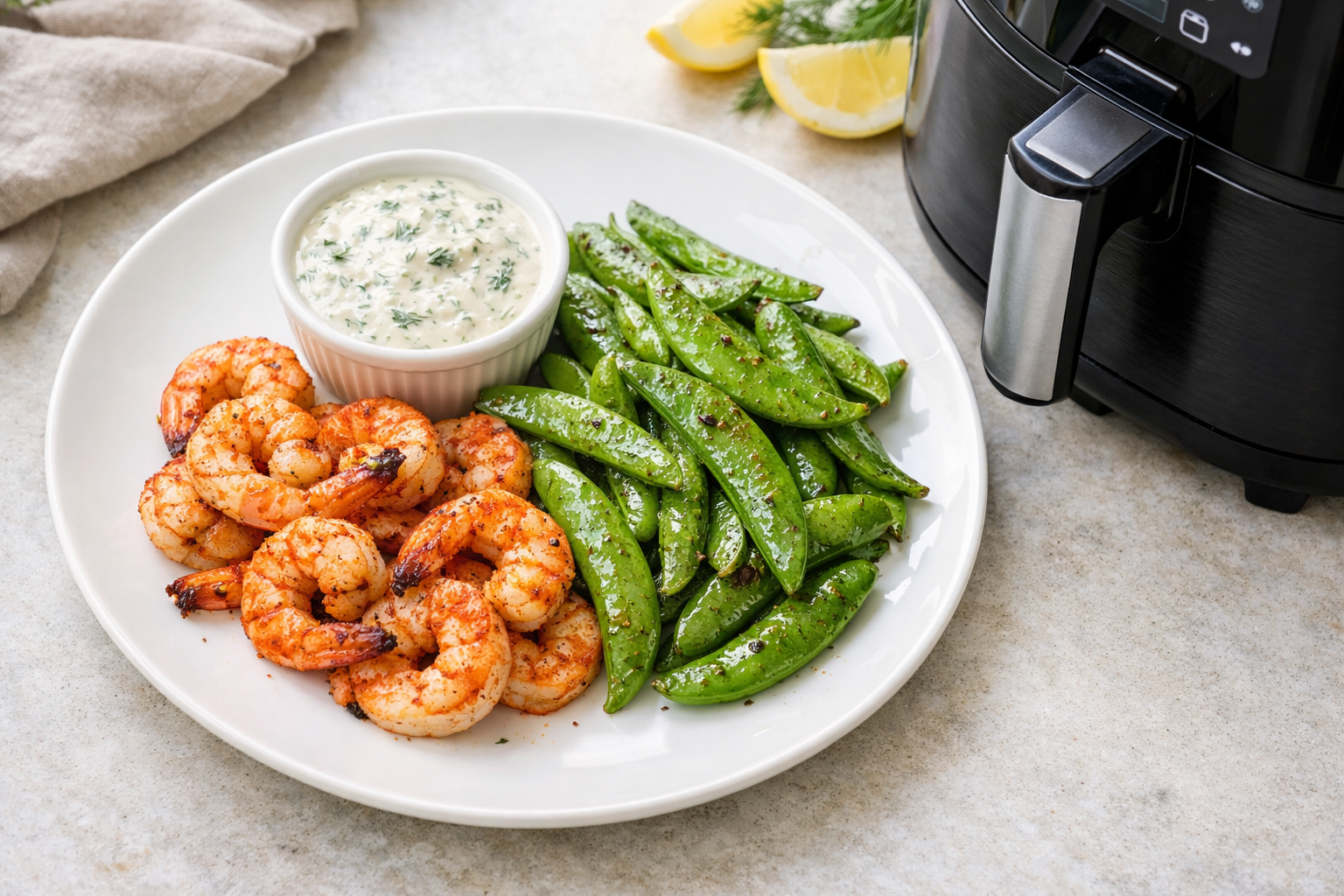 Air Fryer Shrimp with Creamy Dill Sauce & Snap Peas