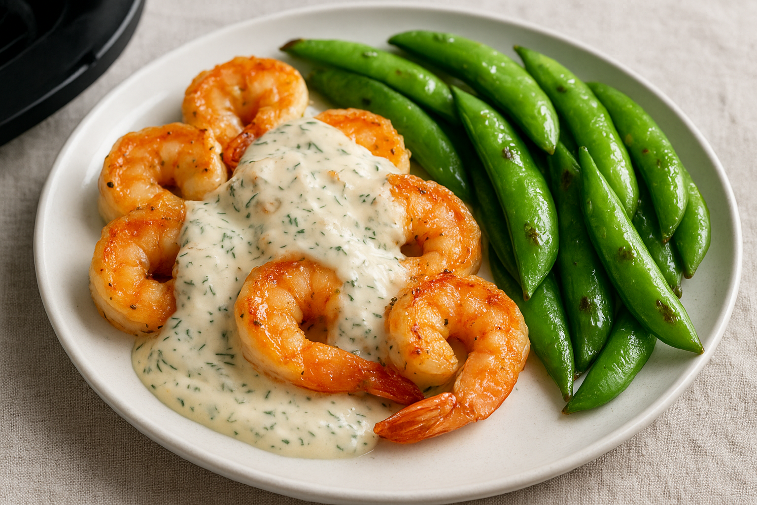 Air Fryer Shrimp with Creamy Dill Sauce & Snap Peas