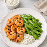 Air Fryer Shrimp with Creamy Dill Sauce and Sugar Snap Peas
