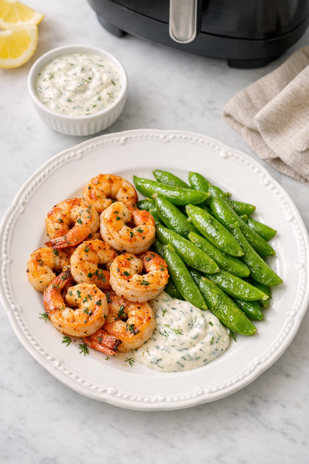 Air Fryer Shrimp with Creamy Dill Sauce & Snap Peas