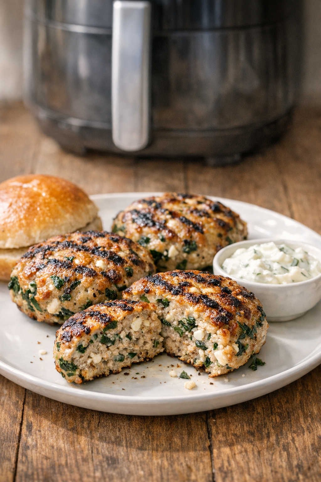 Air Fryer Turkey Burgers with Feta and Spinach
