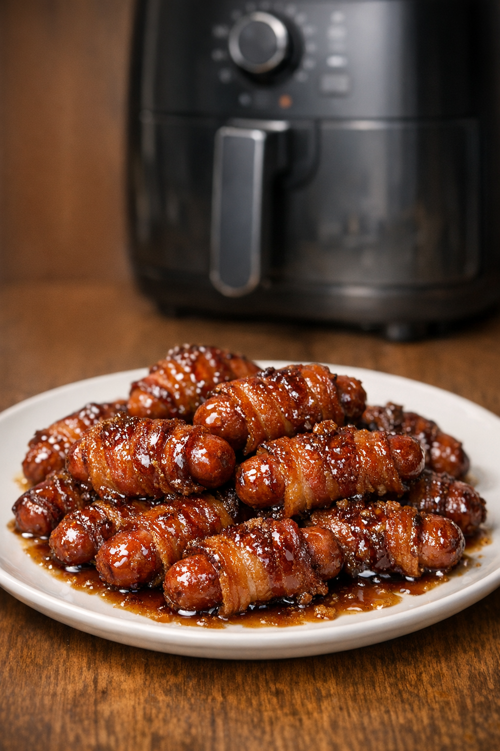 Air Fryer Bacon Wrapped Smokies with Brown Sugar Glaze
