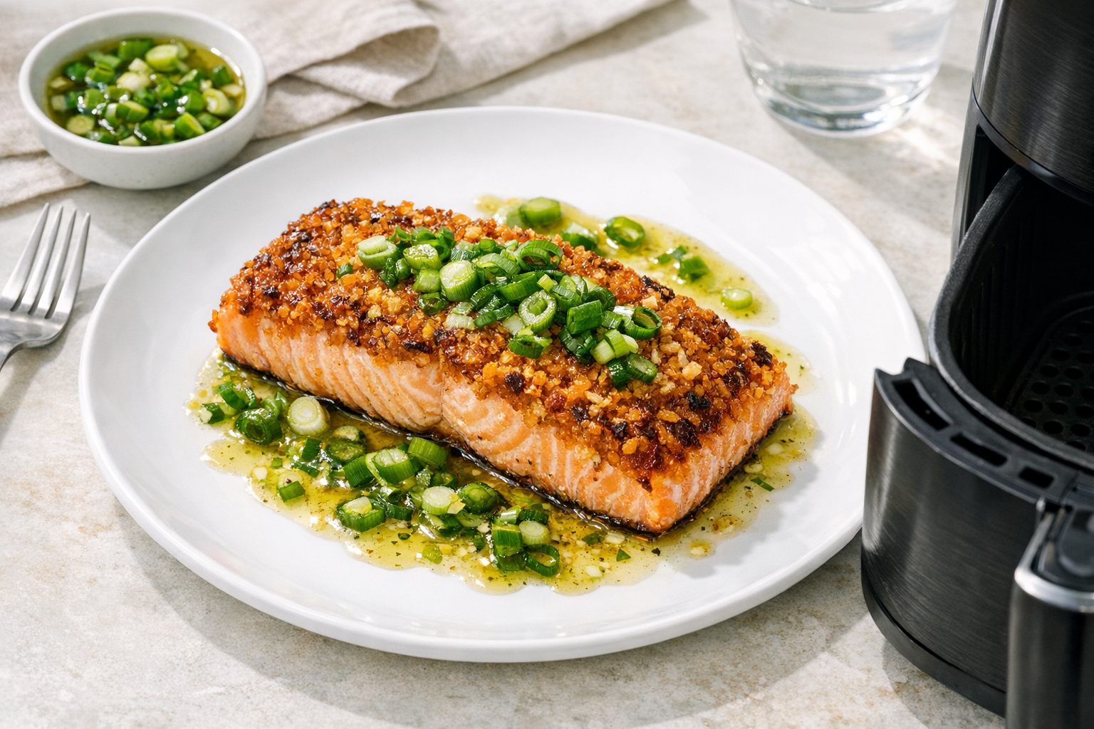 Air Fryer Salmon with Crispy Rice Crust & Scallion Oil