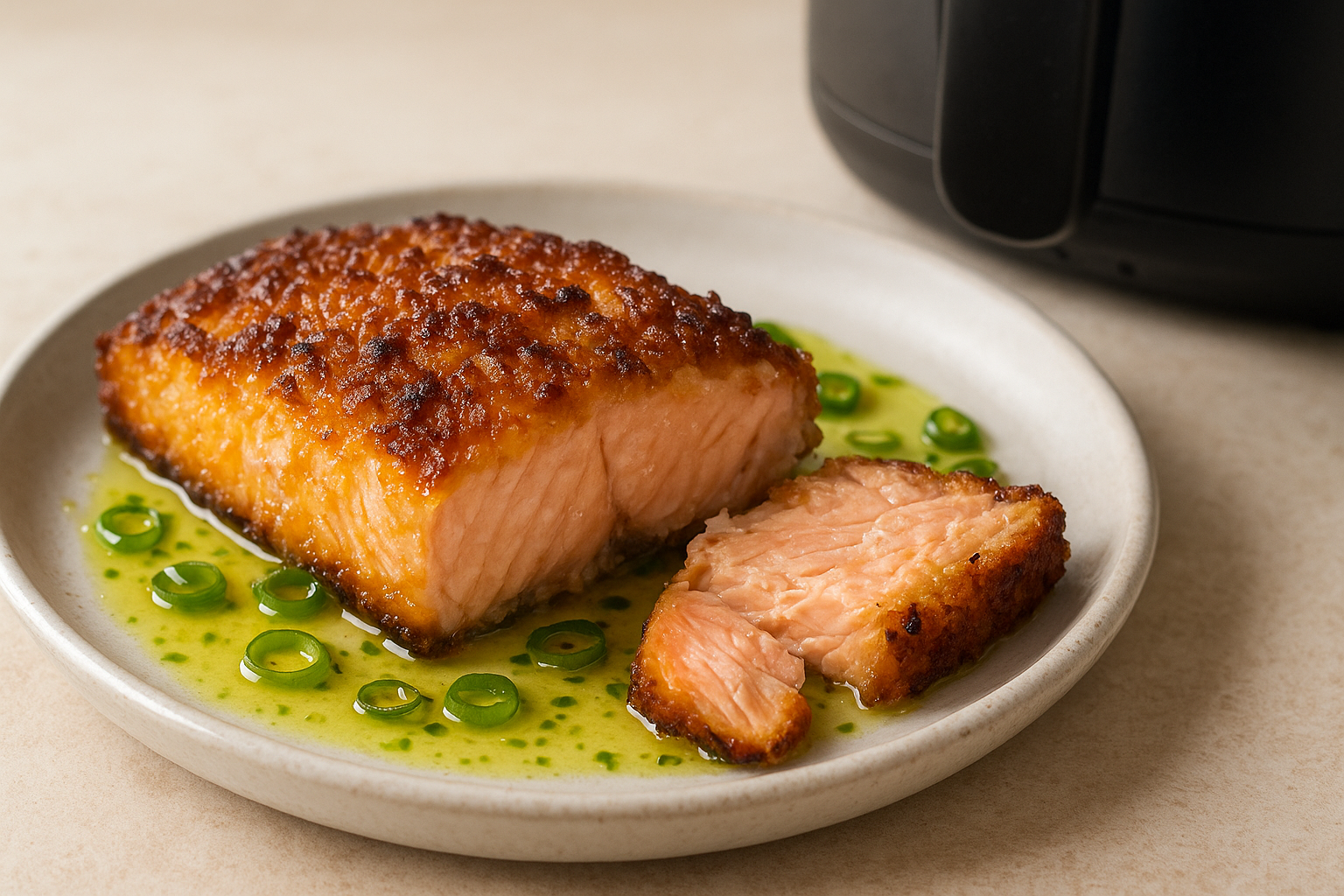 Air Fryer Salmon with Crispy Rice Crust & Scallion Oil