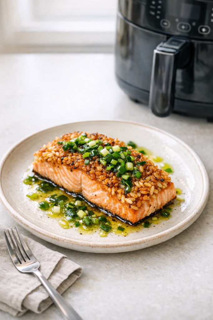 Air Fryer Salmon with Crispy Rice Crust and Scallion Oil