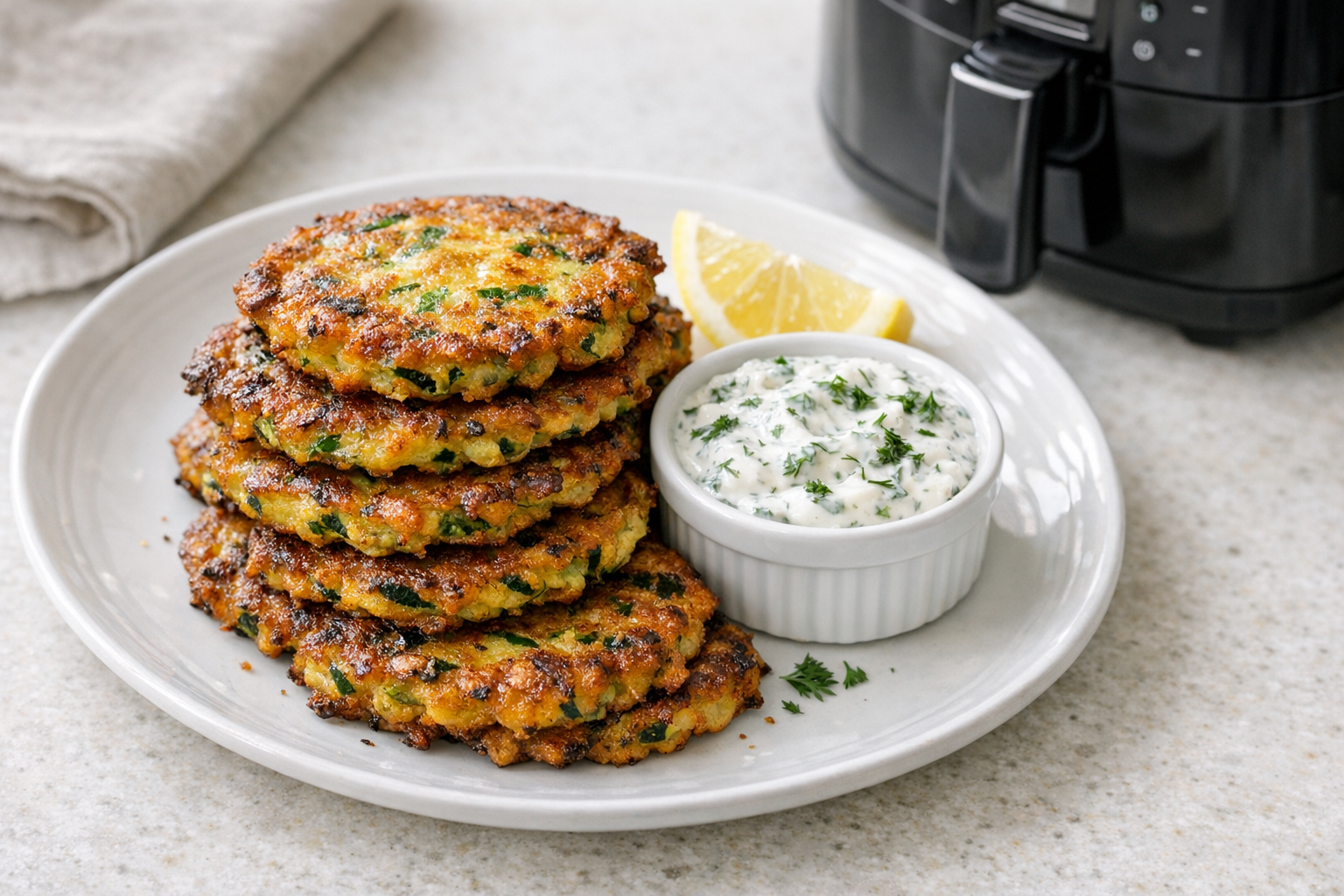 Air Fryer Zucchini Fritters with Herb Yogurt Dip