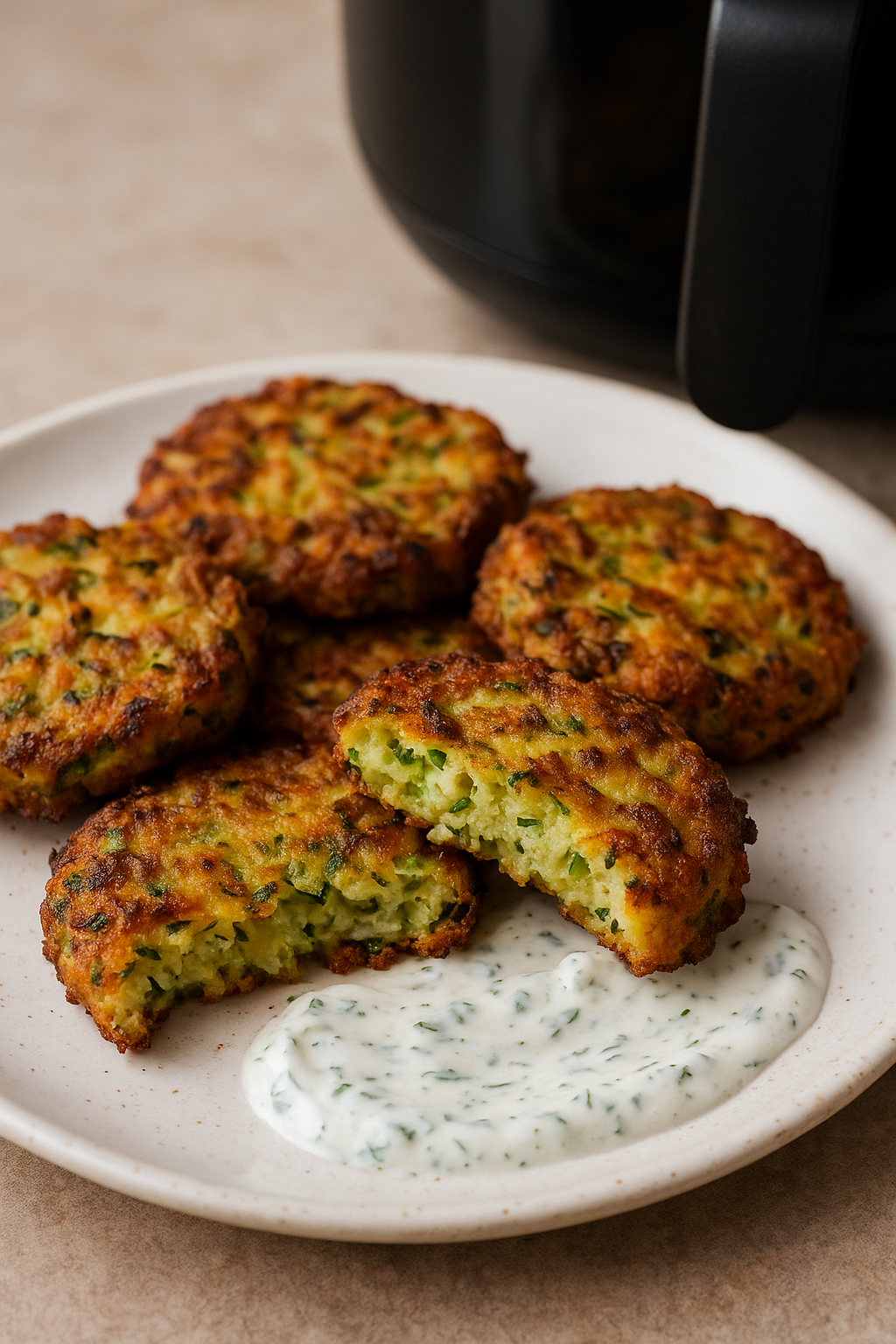 Air Fryer Zucchini Fritters with Herb Yogurt Dip