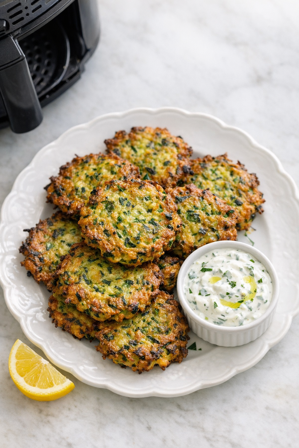 Air Fryer Zucchini Fritters with Herb Yogurt Dip