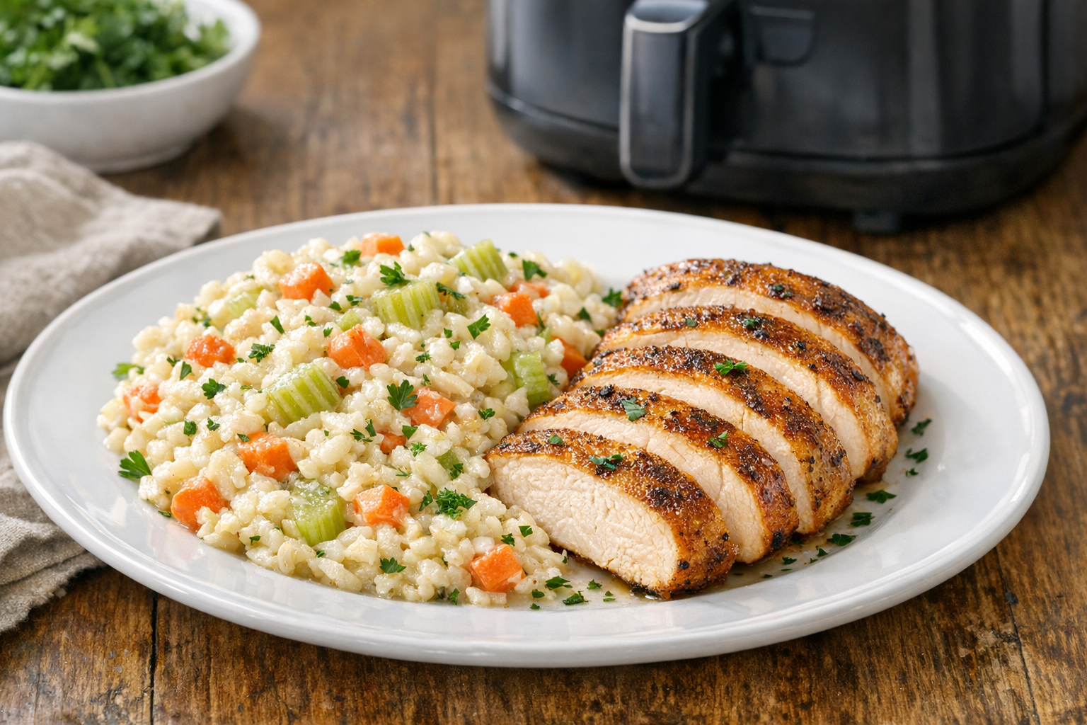 Air Fryer Chicken Breast with Creamy Orzo Vegetables
