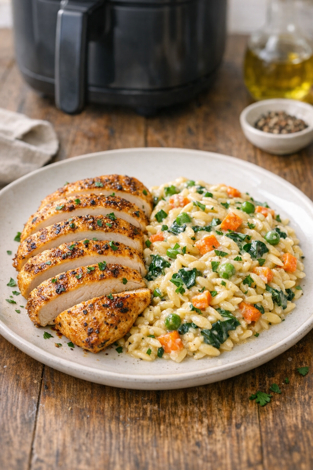 Air Fryer Chicken Breast with Creamy Orzo Vegetables