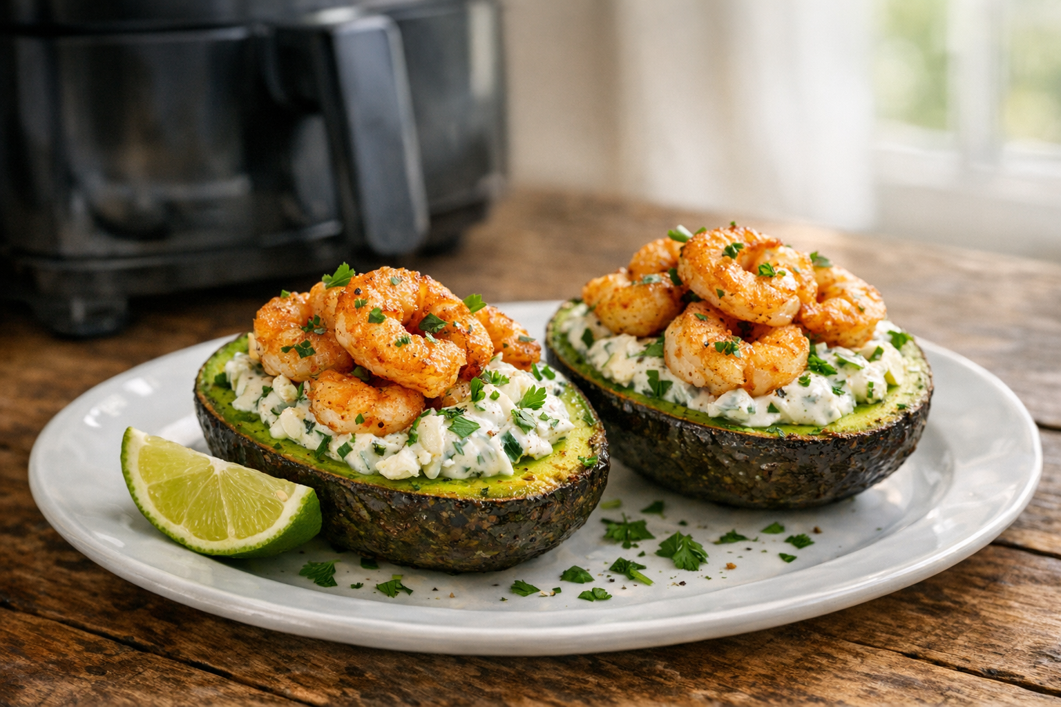 Air Fryer Shrimp Stuffed Avocados (Creamy Herb)