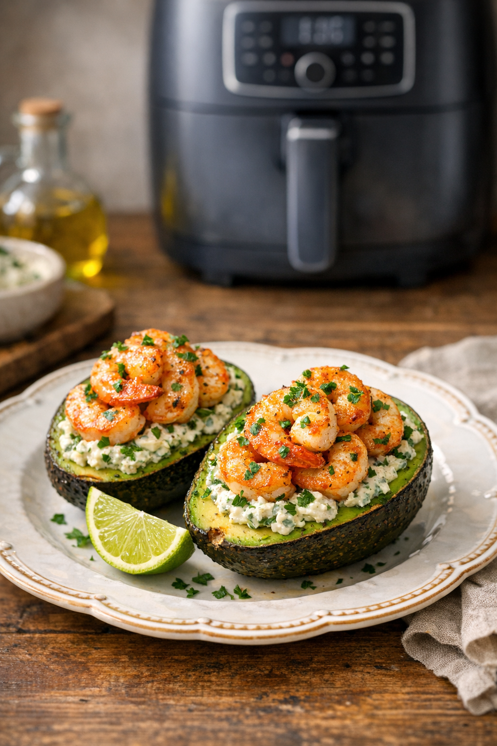 Air Fryer Shrimp Stuffed Avocados (Creamy Herb)