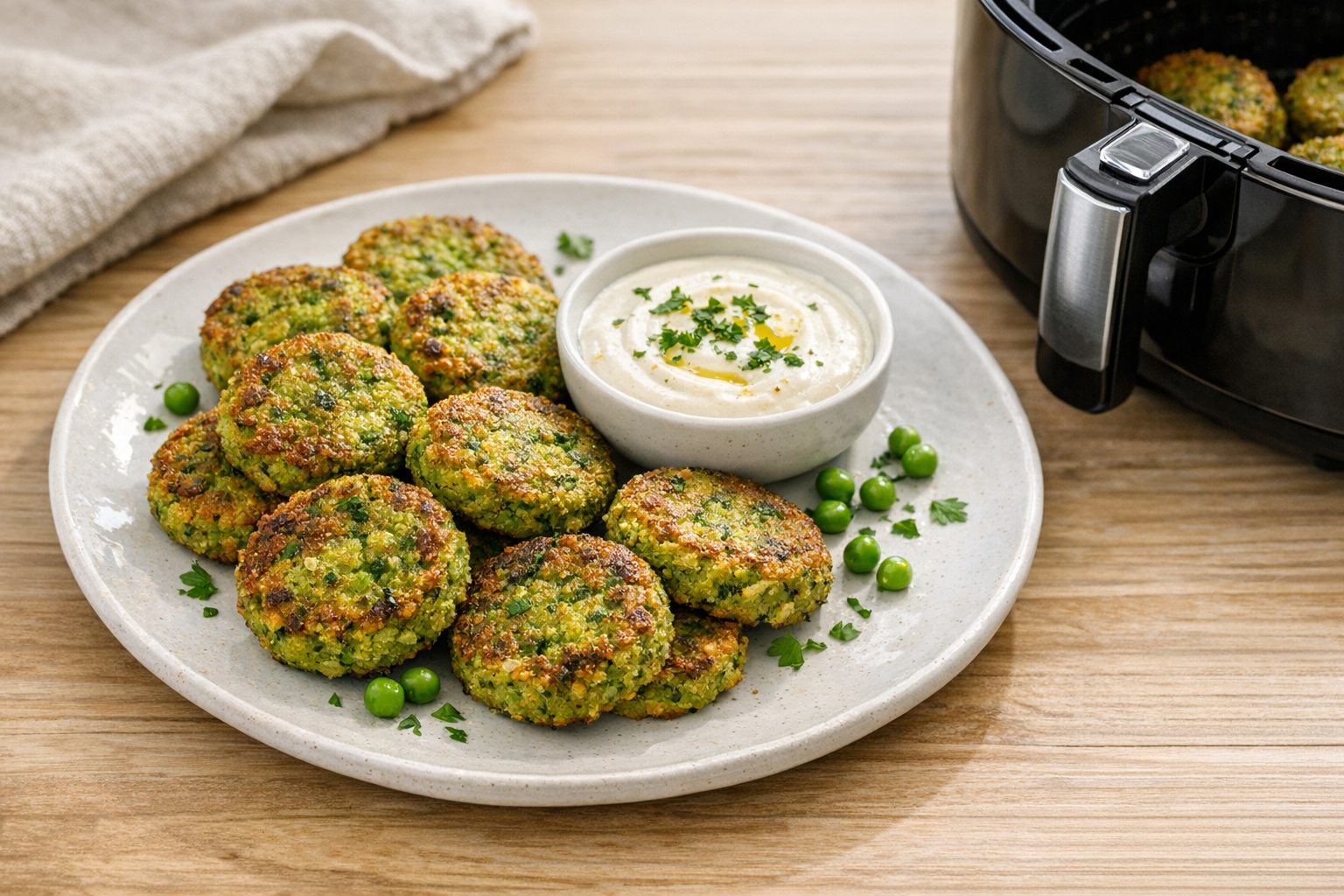 Air Fryer Spring Pea Falafel with Yogurt Tahini Sauce
