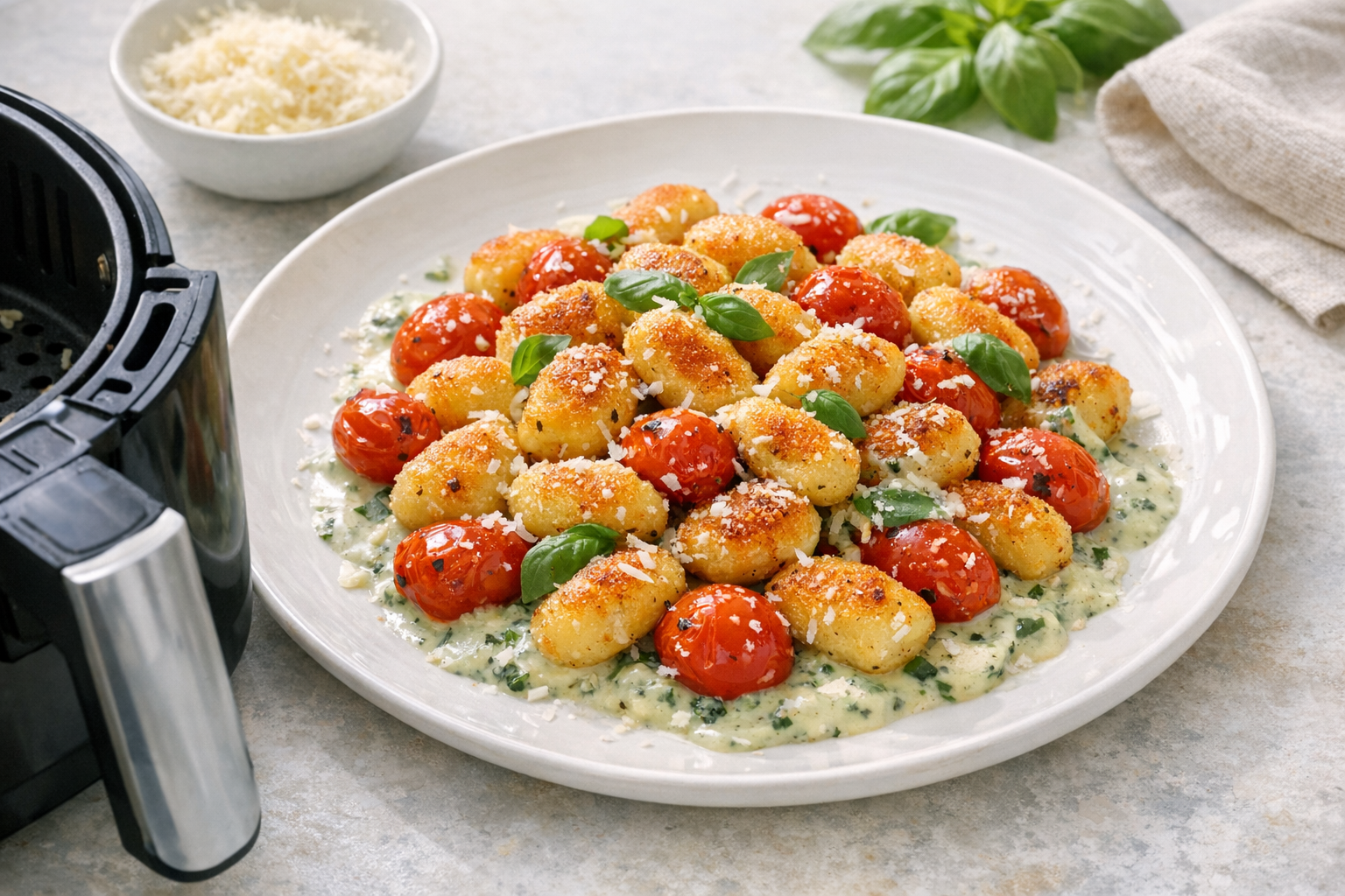 Air Fryer Crispy Gnocchi with Basil Cream & Tomatoes