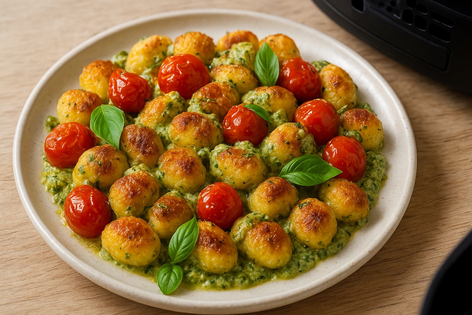 Air Fryer Crispy Gnocchi with Basil Cream & Tomatoes