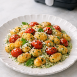 Air Fryer Crispy Gnocchi with Basil Cream and Cherry Tomatoes