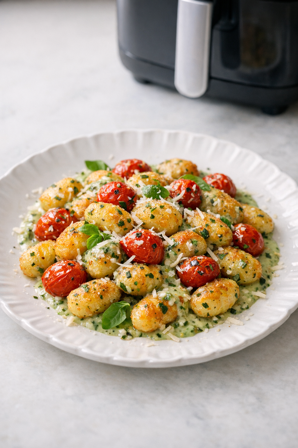 Air Fryer Crispy Gnocchi with Basil Cream & Tomatoes