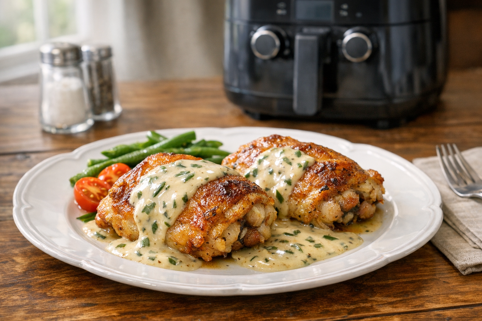 Air Fryer Chicken Thighs with Tarragon Mustard Cream Sauce