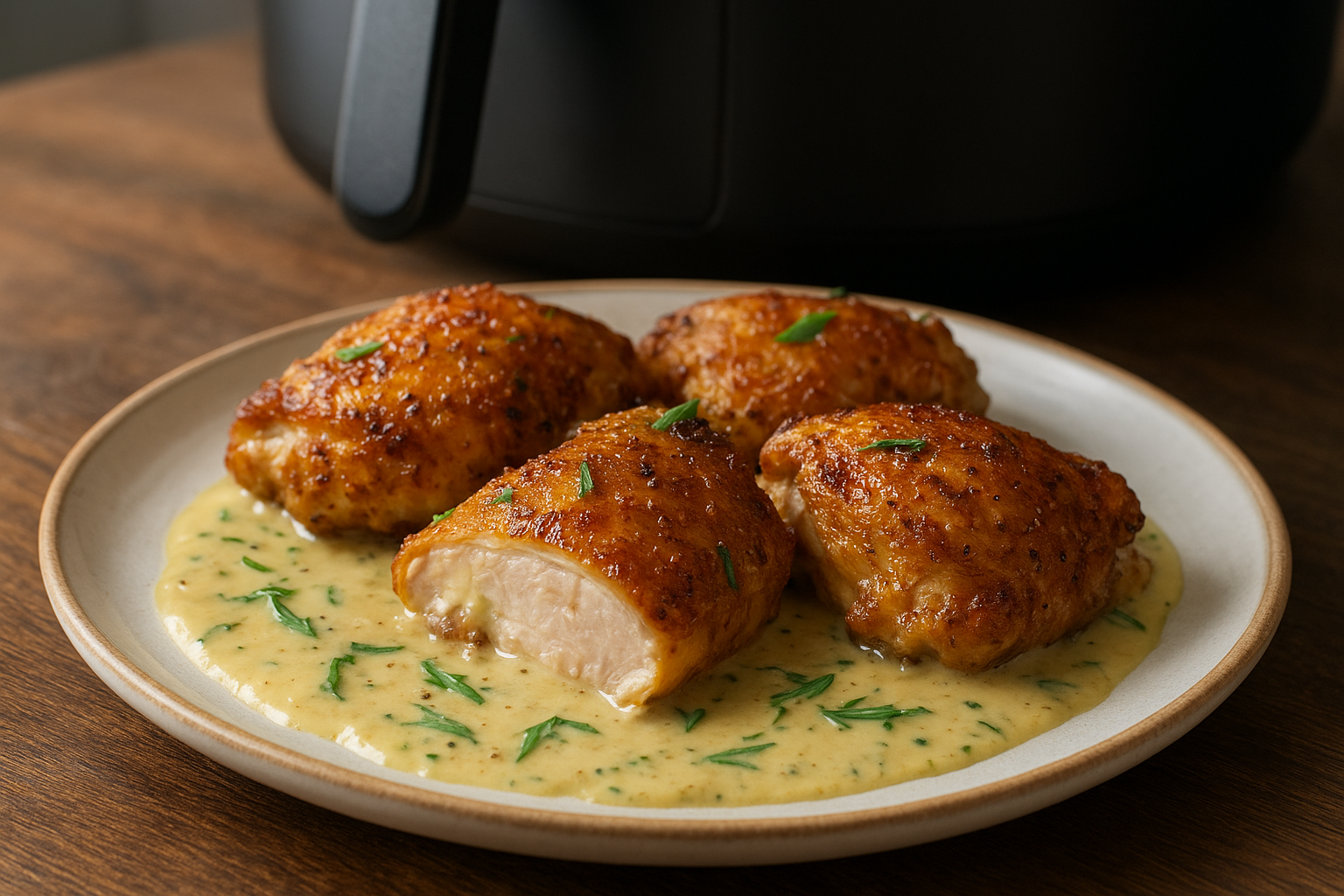 Air Fryer Chicken Thighs with Tarragon Mustard Cream Sauce
