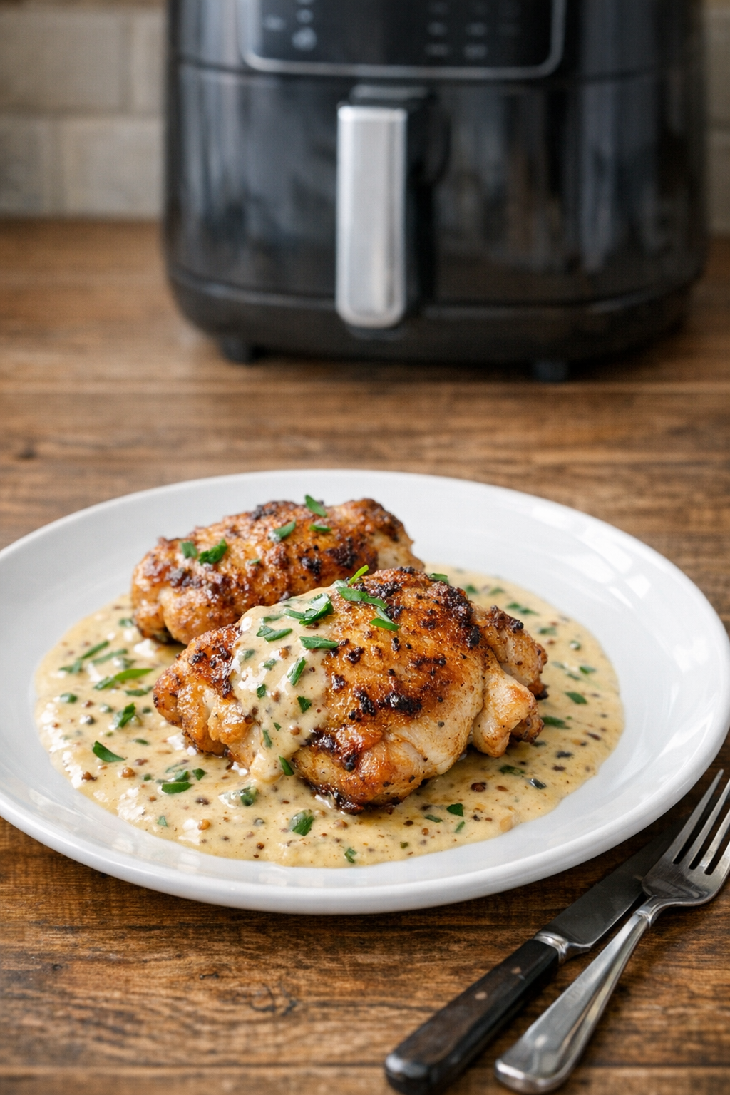 Air Fryer Chicken Thighs with Tarragon Mustard Cream Sauce