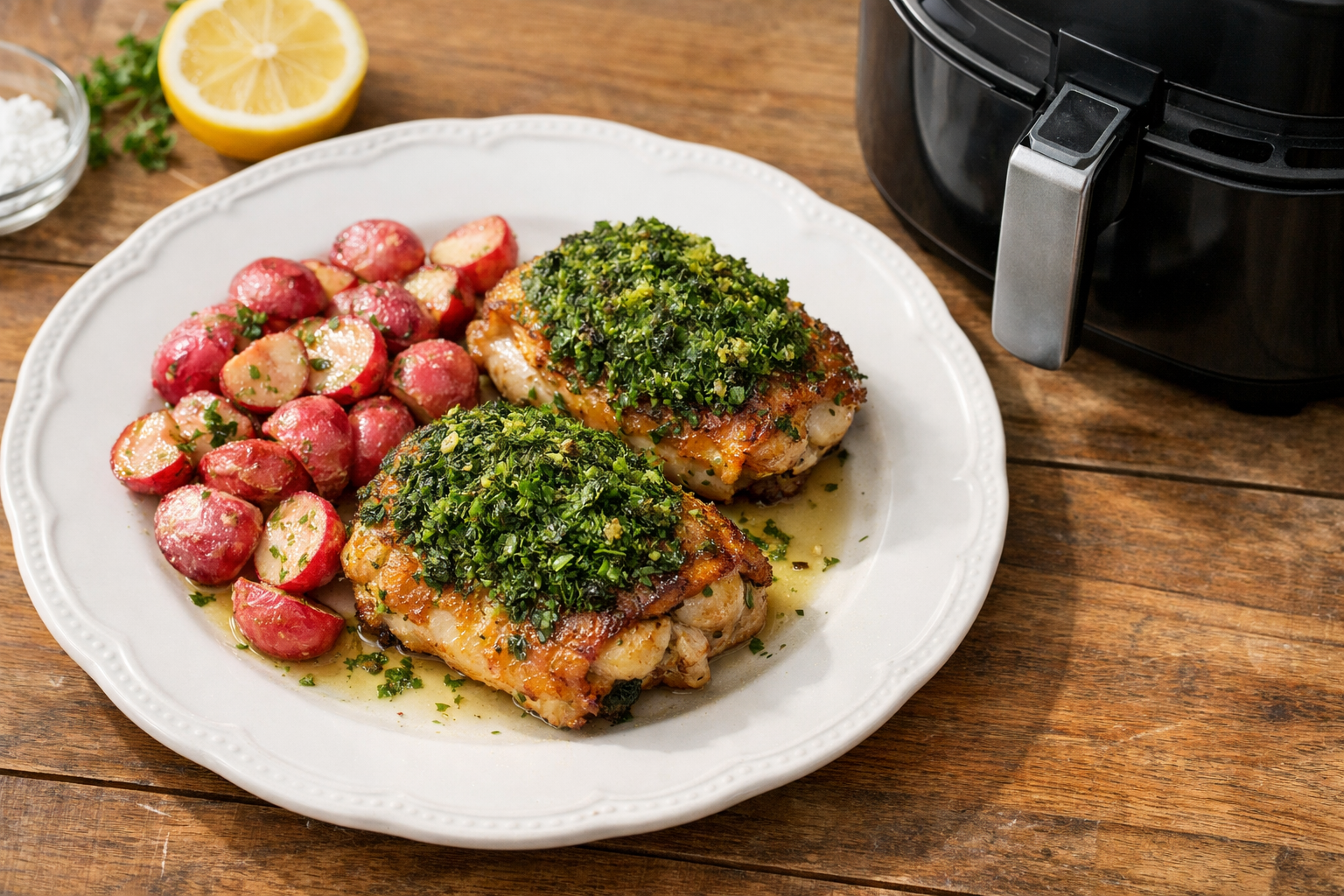 Air Fryer Chicken Thighs with Herb Crust & Radishes