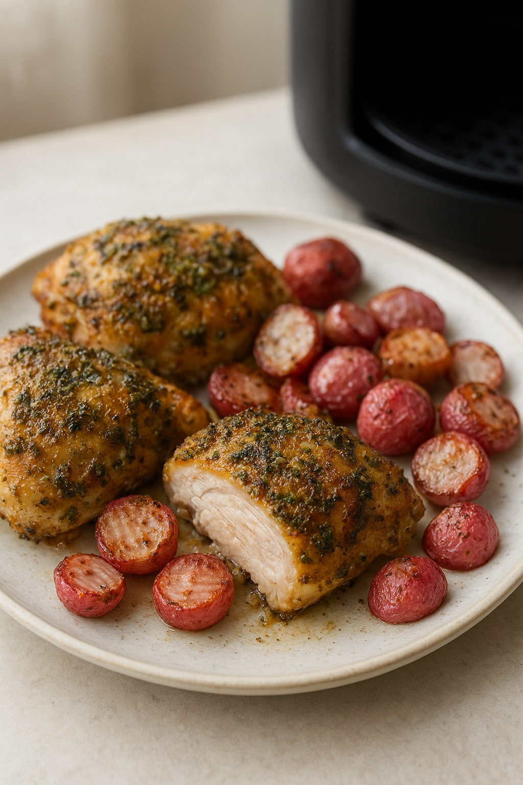 Air Fryer Chicken Thighs with Herb Crust & Radishes