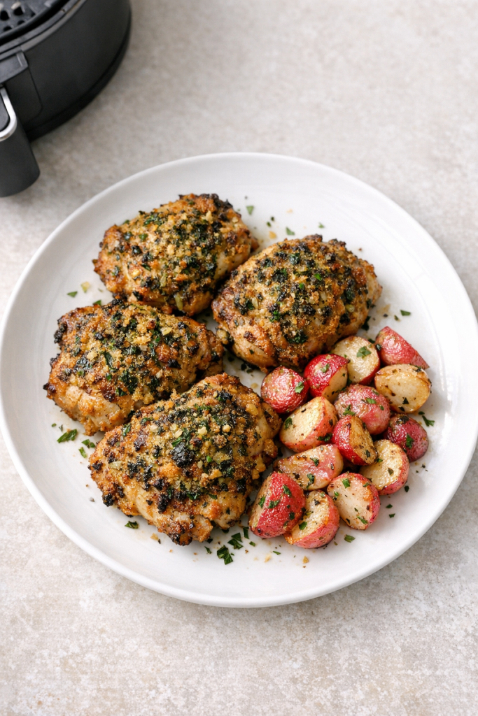 Easy Air Fryer Chicken Thighs with Spring Herb Crust and Roasted Radishes
