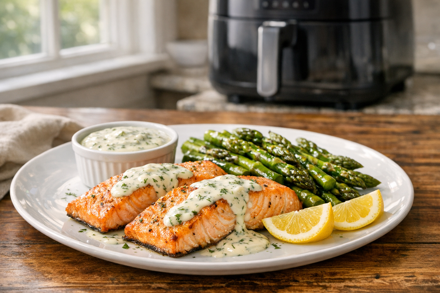 30-Minute Air Fryer Salmon with Asparagus & Dill Sauce