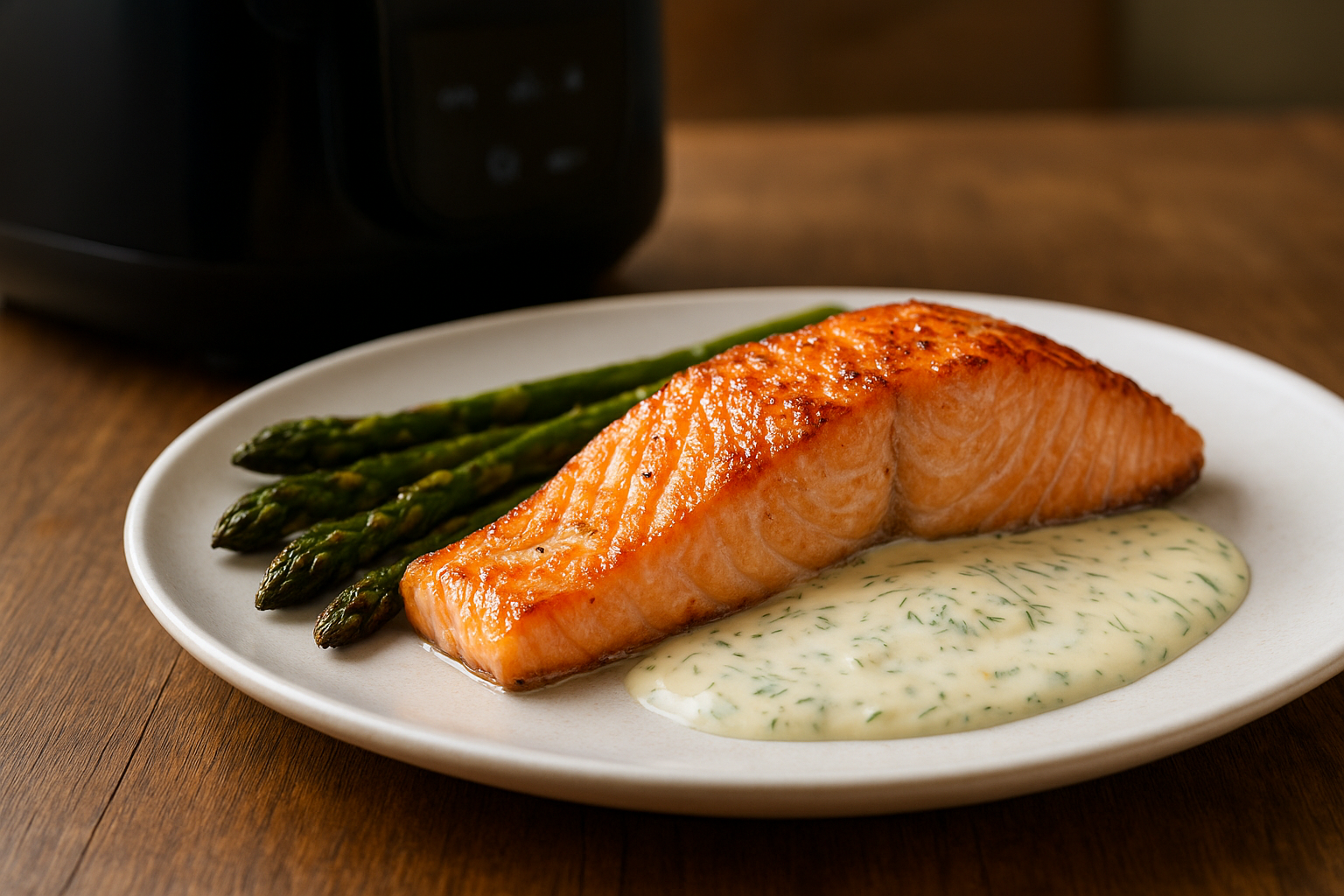 30-Minute Air Fryer Salmon with Asparagus & Dill Sauce