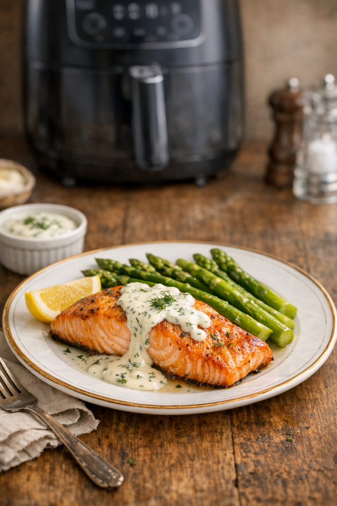 30-Minute Air Fryer Salmon with Asparagus Tips and Creamy Dill Sauce