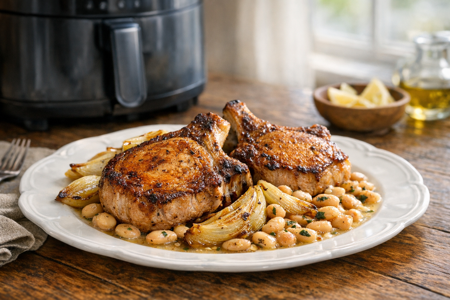 One-Basket Air Fryer Pork Chops with Fennel & Beans