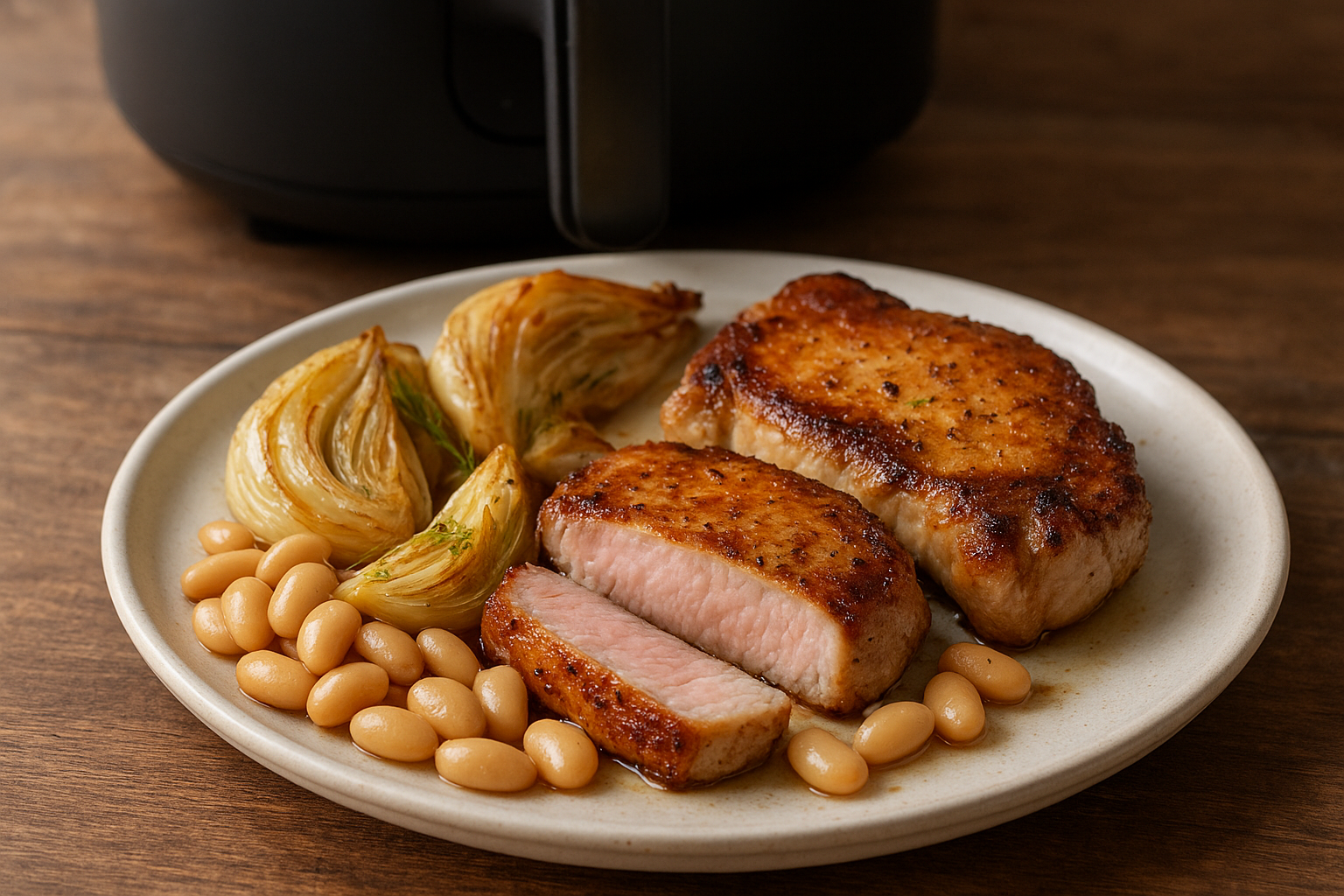 One-Basket Air Fryer Pork Chops with Fennel & Beans