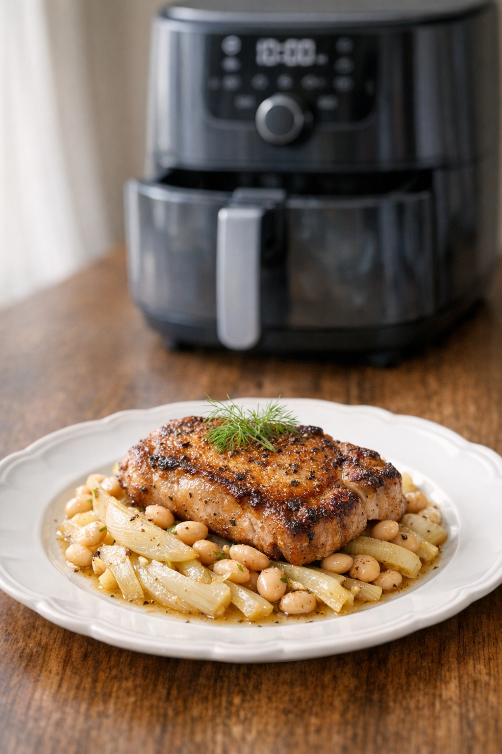 One-Basket Air Fryer Pork Chops with Fennel & Beans