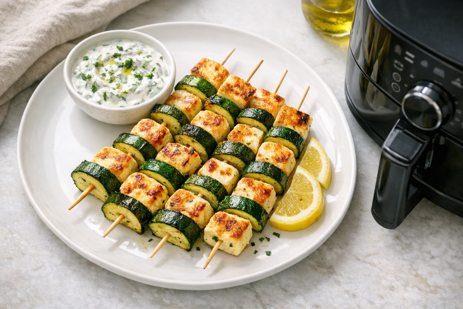 Air Fryer Zucchini & Halloumi Skewers (Easy)