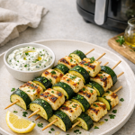 Easy Air Fryer Zucchini and Halloumi Skewers with Yogurt Herb Dip