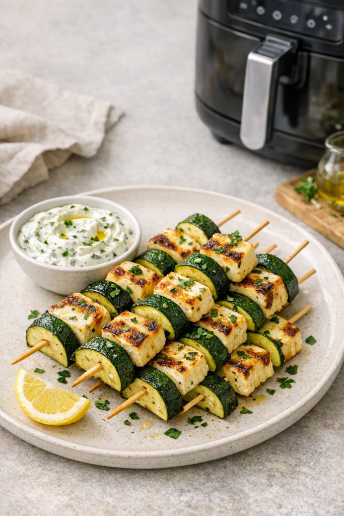 Easy Air Fryer Zucchini and Halloumi Skewers with Yogurt Herb Dip