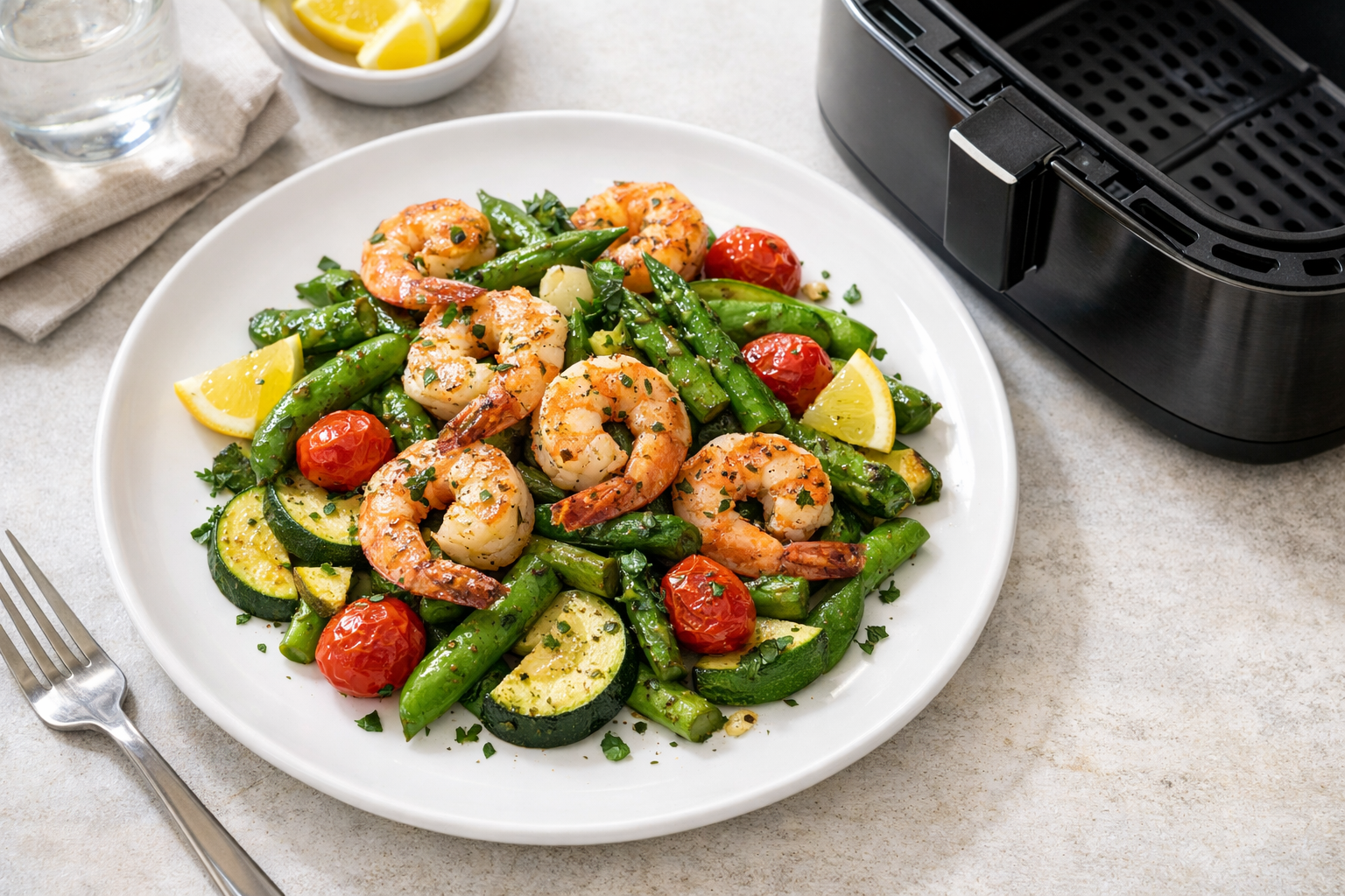 Weeknight Air Fryer Shrimp with Spring Veggies