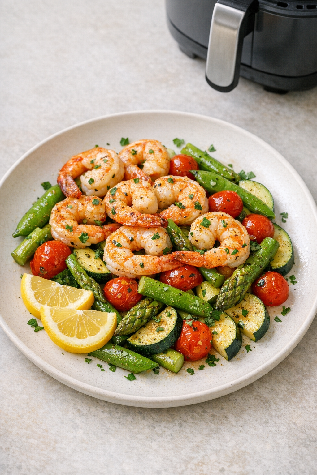 Weeknight Air Fryer Shrimp with Spring Veggies