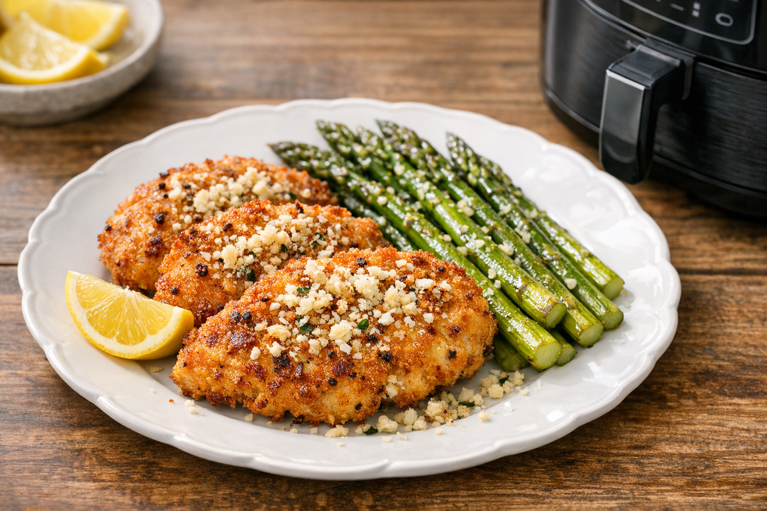 Crispy Air Fryer Chicken Cutlets with Asparagus