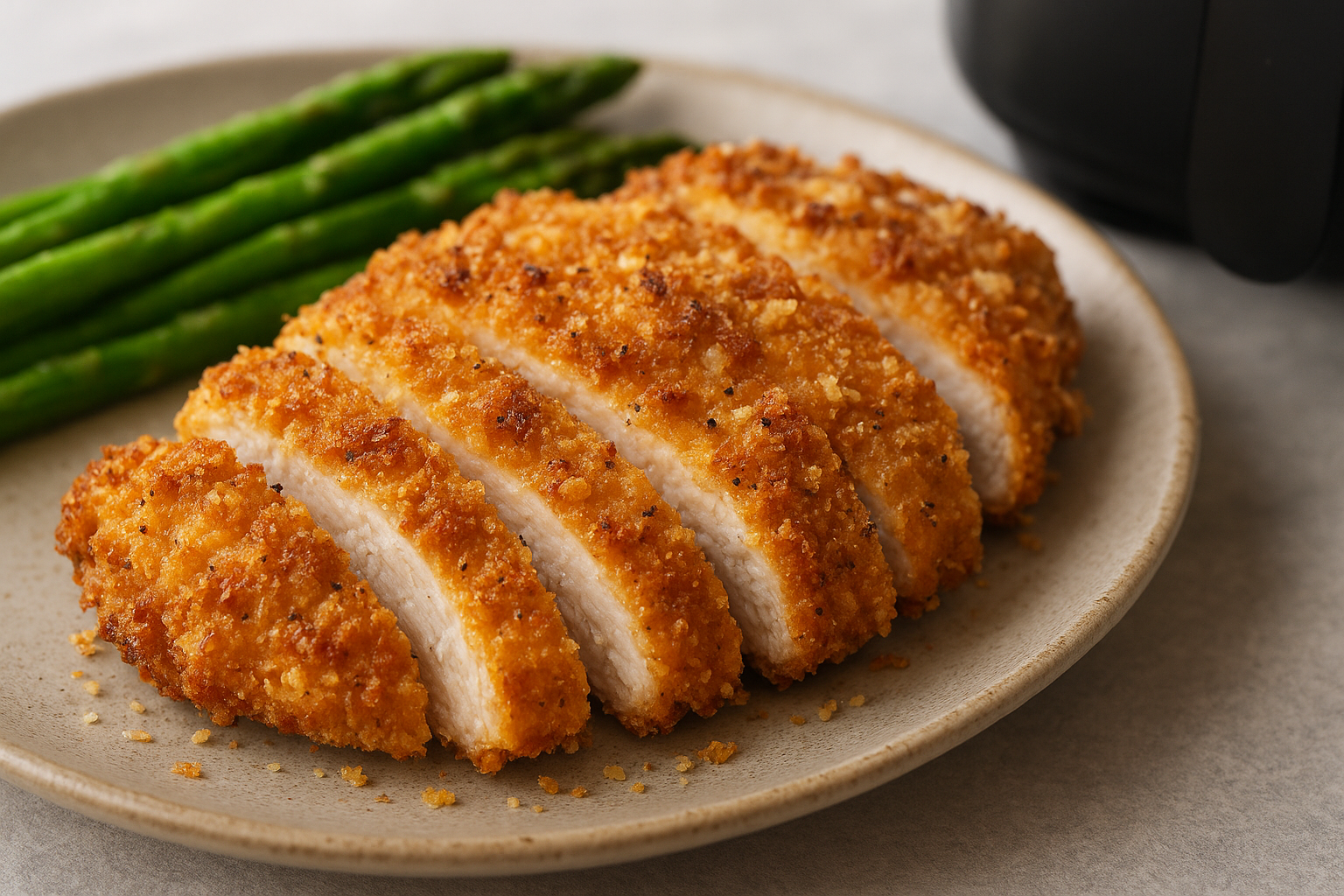 Crispy Air Fryer Chicken Cutlets with Asparagus