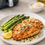 Crispy Air Fryer Chicken Cutlets with Asparagus and Parmesan Crumble